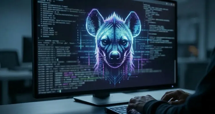 Stylized, matrix-like representation of a digital hyena formed from data streams