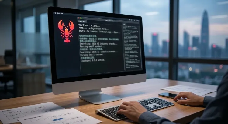 A professional digital illustration showing a blurred terminal interface with the red OpenClaw lobster logo on a monitor, set in a modern tech office at dusk.